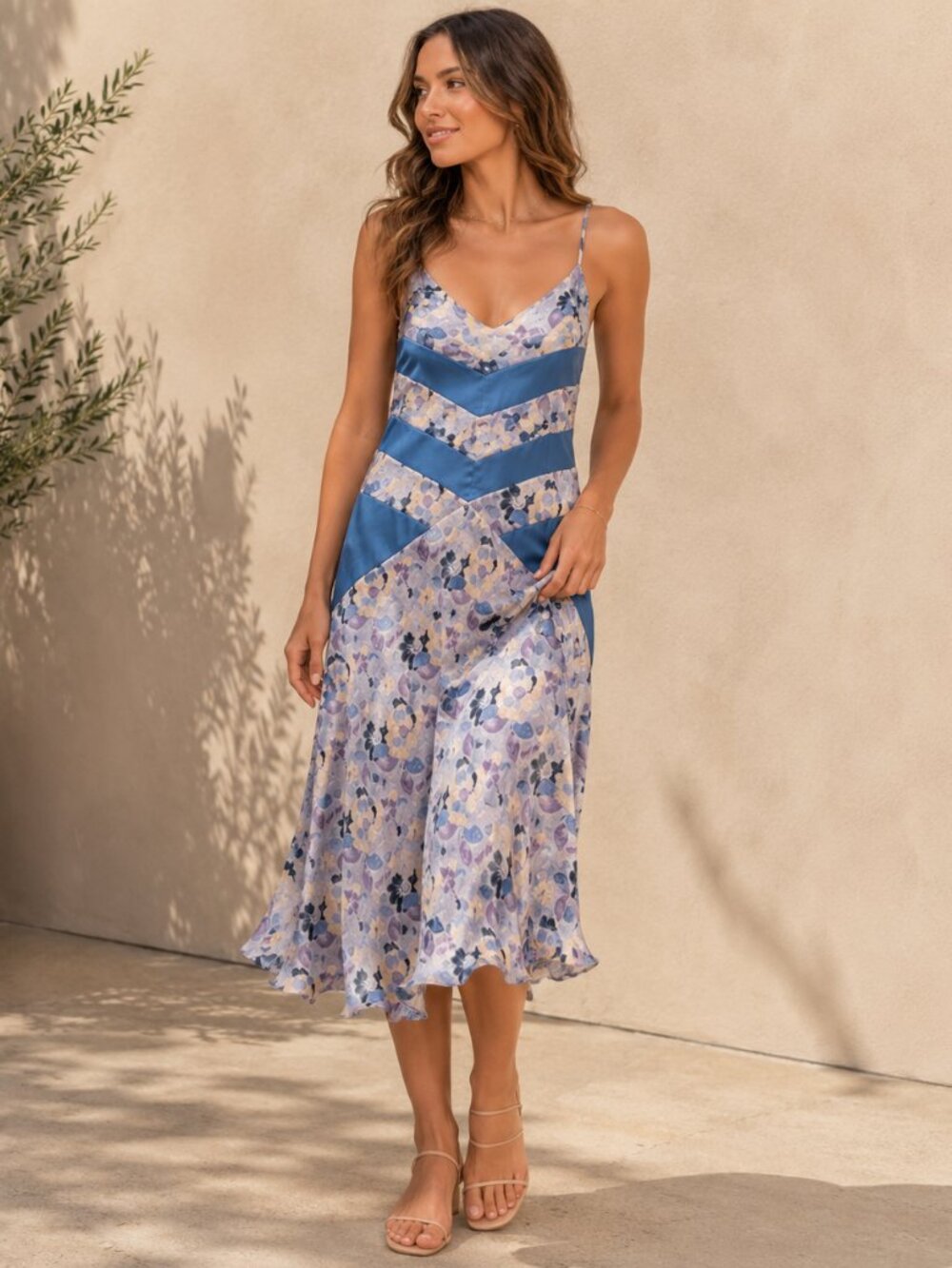 Philip Di Caprio Floral Slip Dress Blue Chevron Silk Look Cami Midi Size 6